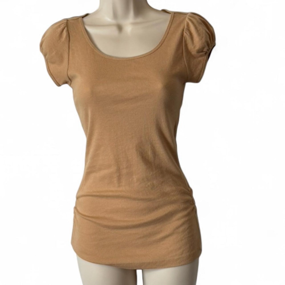 Vintage 90s/Y2K Passport Tan Scoop Neck Puff Sleeve Top, Women's Size‎ S